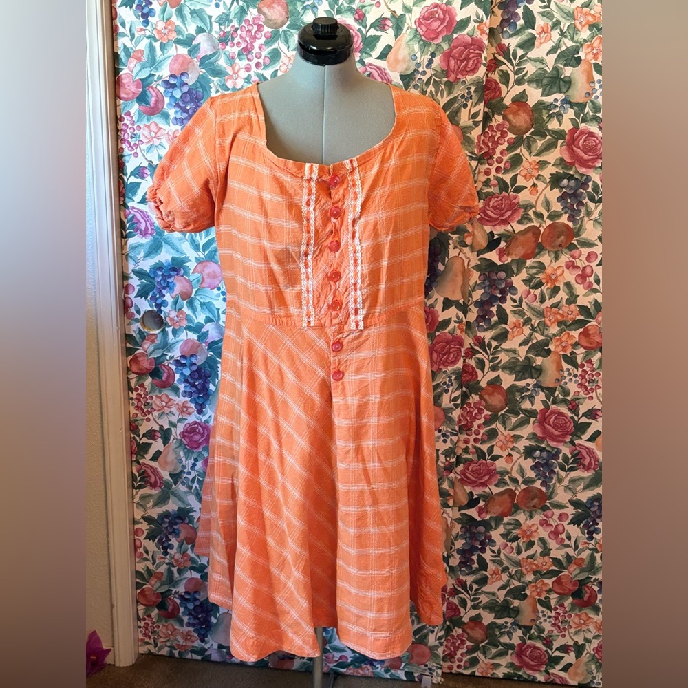 Linen plaid, Orange Dress, XL